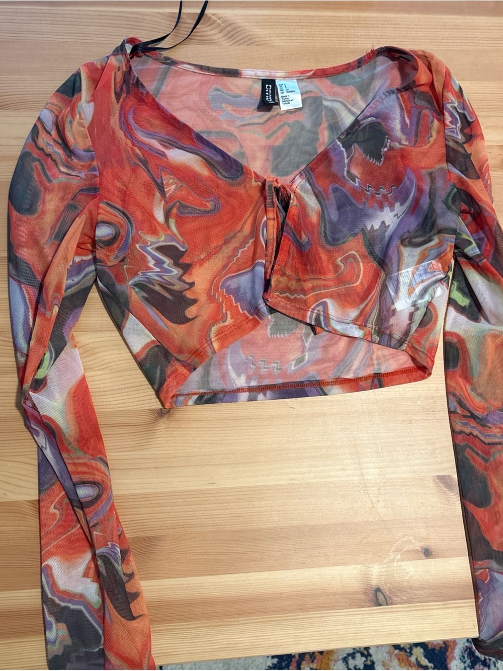 H&M Orange and Purple Sheer Abstract Tie-Front Crop Top
